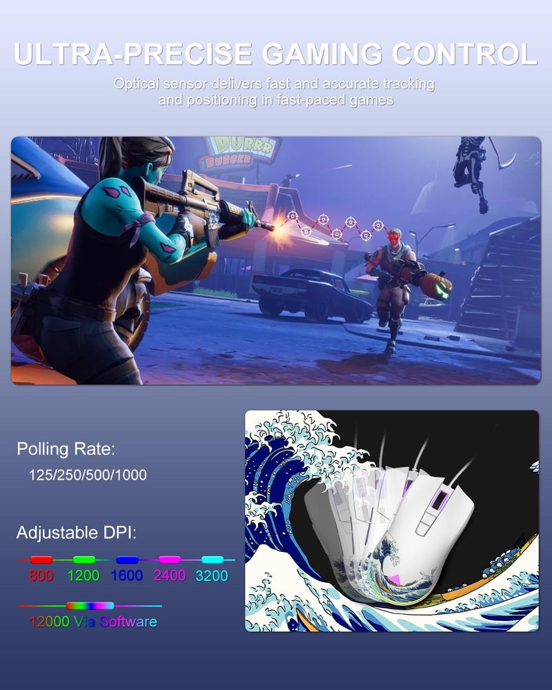 COSTOM Womier G705 USB Wired Gaming Mouse for PC Computer Windows Mac Laptop, Lightweight Silent RGB Backlit Mouse with Adjustable 12000DPI/7 Programmable Side Buttons,White Kanagawa Theme - Image 2
